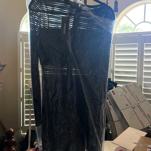 LONG SLEEVE STRIPED MESH MINI DRESS BLACK M New - Picture 8 of 15